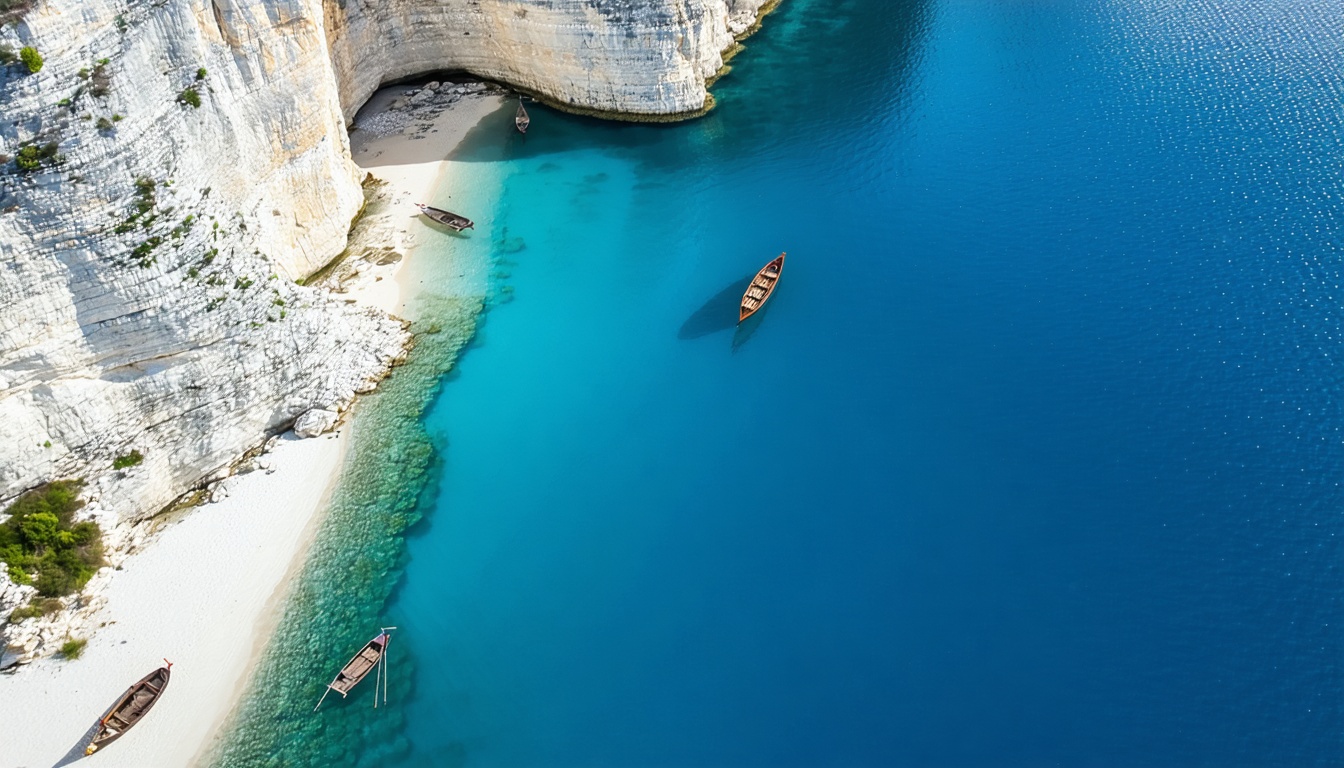 Beyaz kireçtaşı kayalıklar ile türkuaz deniz arasında saklı bir koy, havadan görünüm